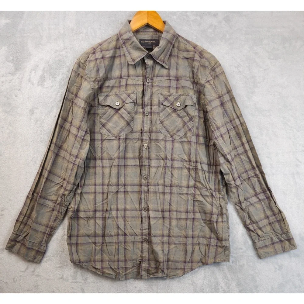 Banana Republic Shirt Mens Green Purple Plaid Double Flap Pockets Sz Large